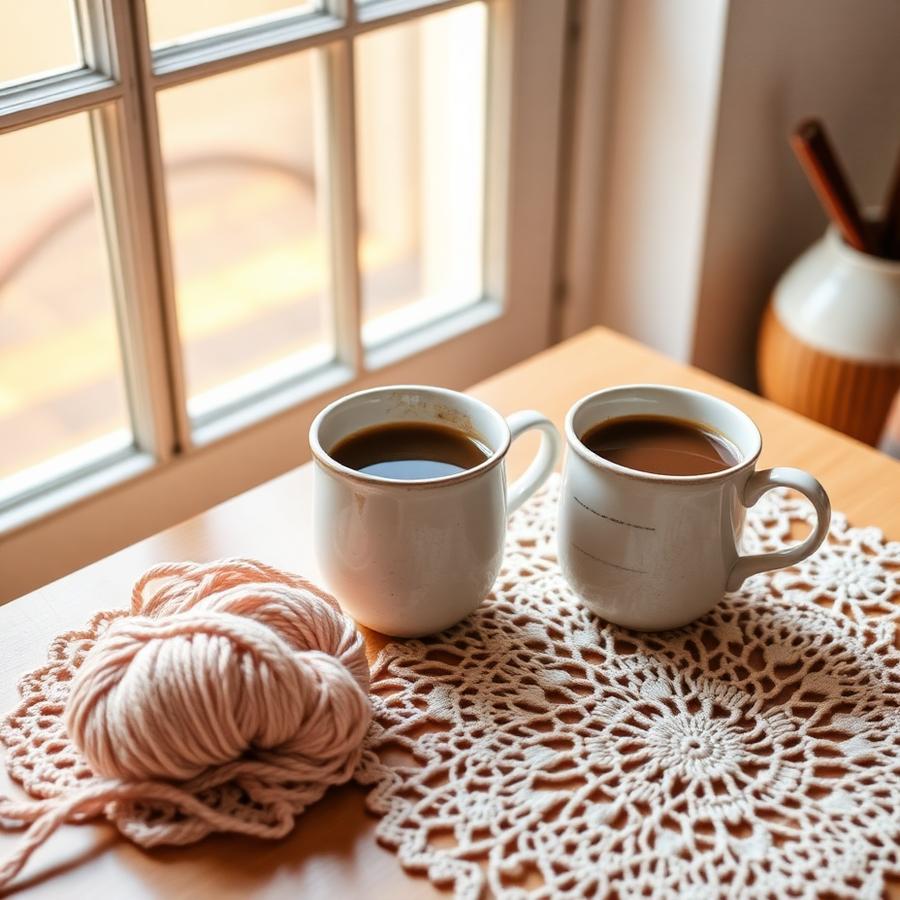 Café e crochê em ambiente aconchegante
