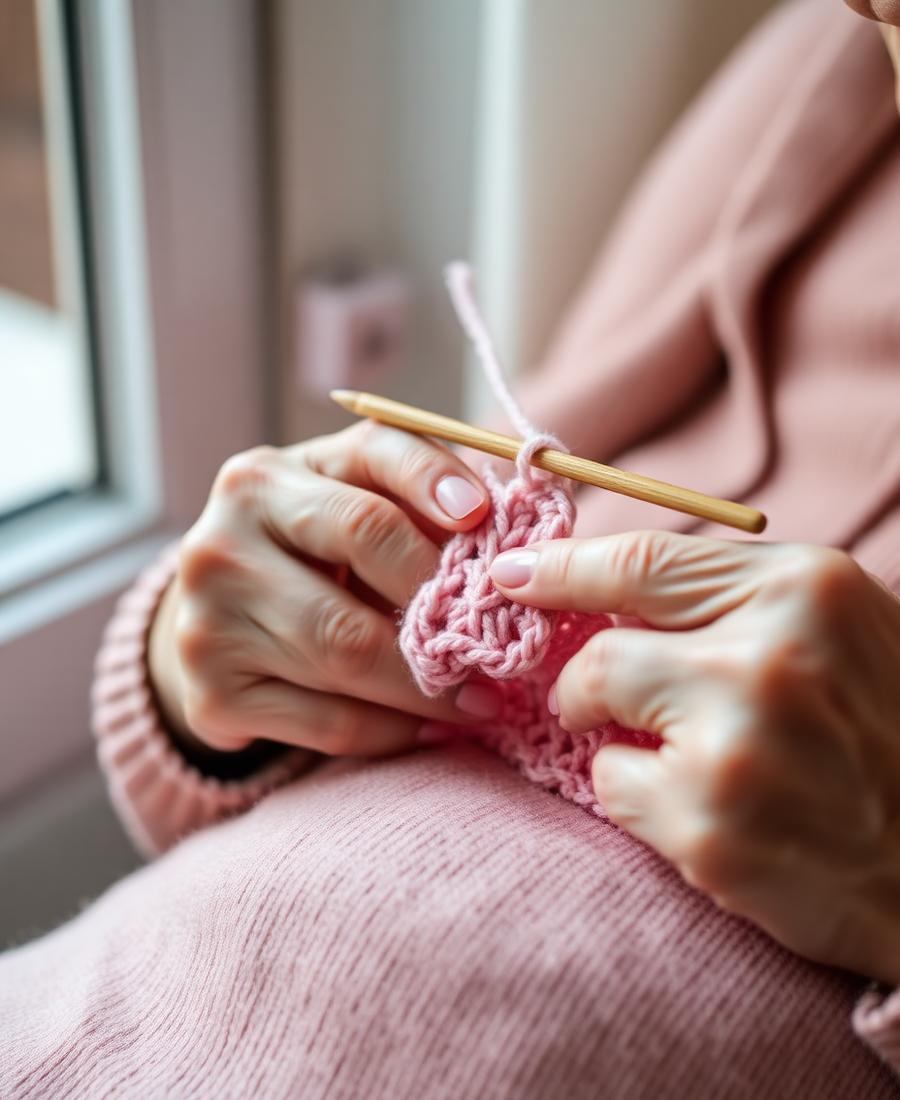 Mãos produzindo peça de crochê