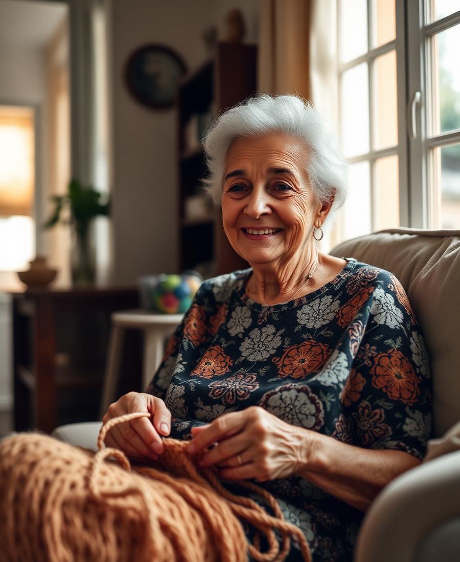 Senhora sorrindo enquanto faz crochê