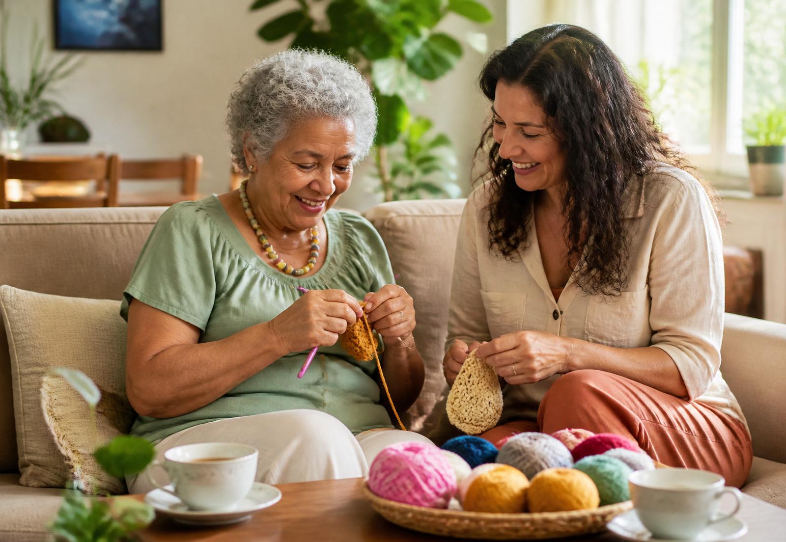 Professora e senhora sorrindo enquanto aprendem crochê em casa